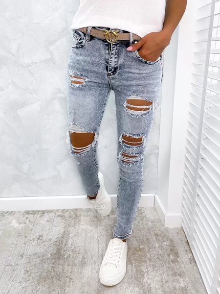 

Denim Pockets Ripped Casual Pants, Light blue, Pants