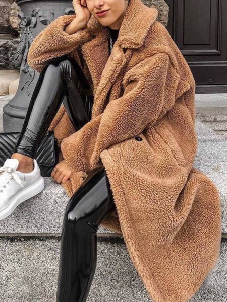 

Loosen Plain Flat Collar Outerwear, Khaki, Outerwear