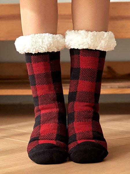 

Christmas Plaid Warm Ppadded Floor Socks, Red, Socks
