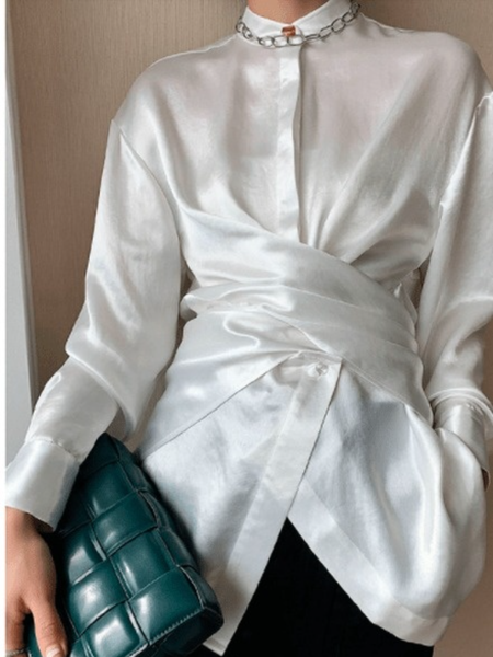 

Winter Elegant Plain Long sleeve Work Formal Lightweight Tops, White, Blouses and Shirts