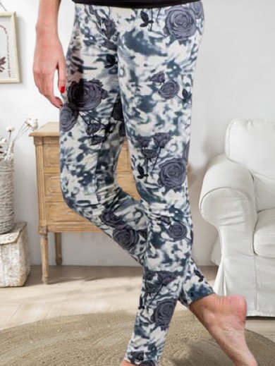 

Floral Printed Vintage Skinny Elastic Waist Long Pants, Black-white, Leggings