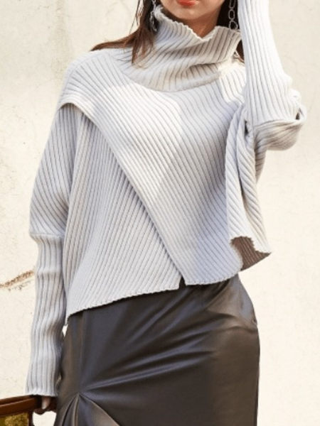 

Winter Plain Loosen High Neck Slightly stretchy Long sleeve Sweater, As picture, Pullovers