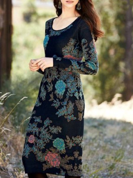 

Casual Long Sleeve Crew Neck Printed Dresses, Multicolor, Midi Dresses