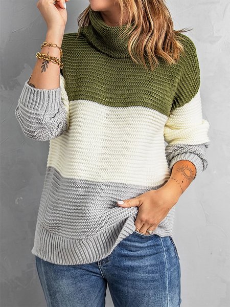 

High Neck Color Block Casual Sweater, Green, Knitwear & Sweaters