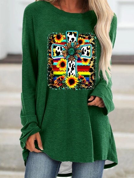 

Christ Cross Floral Casual Crew Neck Sweatshirts, Green, Long sleeves
