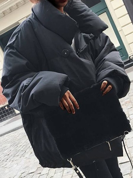 

Black Simple Loosen High Neck Long Sleeve Outerwear, Outerwear