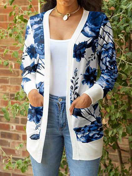 

Floral Loosen Basics Printed Long sleeve Outerwear, White, Cardigans