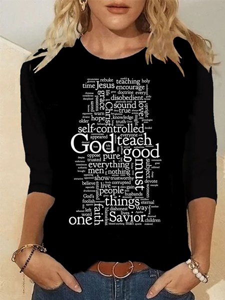 

Casual Long Sleeve Crew Neck Printed Top, Black, Tops