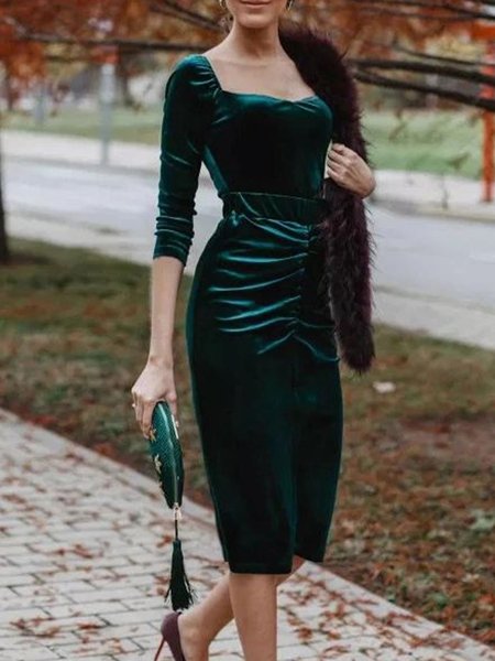 

Velvet Evening Square neck Elegant Dress, Green, Midi Dresses
