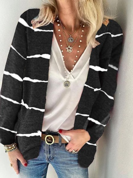 

Striped V Neck Vacation Outerwear, Black, Outerwear
