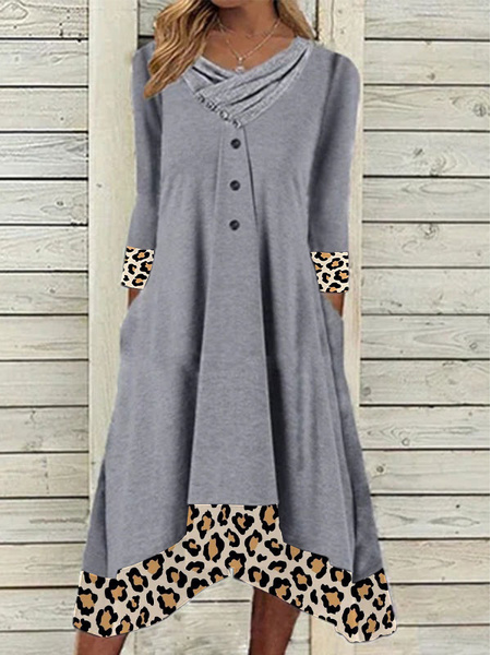 

V Neck Casual Cotton Blends Dresses, Gray, Maxi Dresses