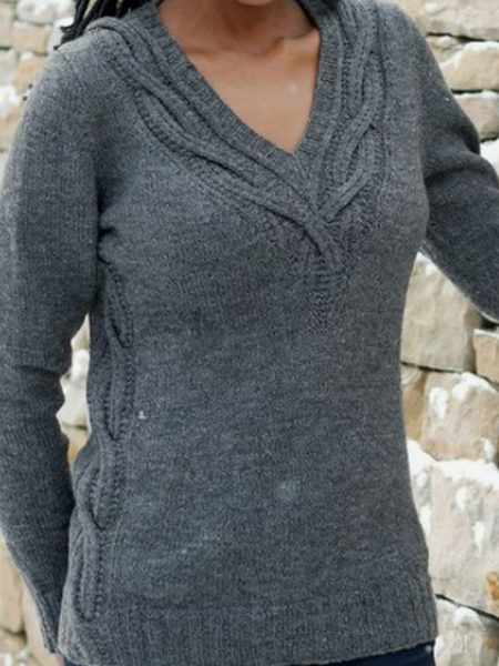 

Long sleeve V plain patterned twisted warm sweater, Gray, Sweaters