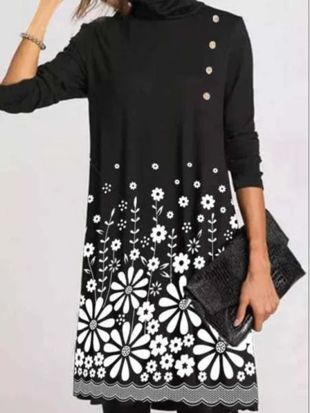 

Fashion Flower Print Stack Neck Long Sleeve Casual Shift Dress, Black, Floral Dresses