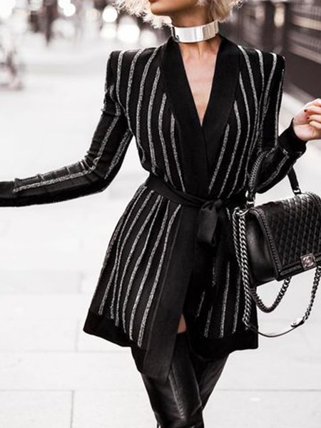 

Long Sleeve Regular Fit Striped Lady Outerwear, Black-grey, Blazers