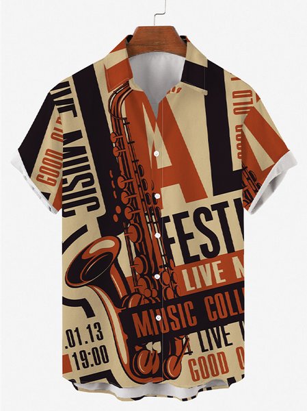 

Mens Saxophone Music Vintage Print Round Hem Loose Short Sleeve Shirts, Khaki, Men's Floral shirt