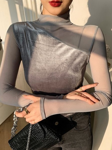 

Date Daily Stand Collar Plain Slim Fit Top, Gray, Tops