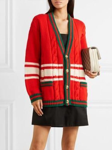 

Casual Simple Loosen Simple Striped Outerwear, Red, Cardigans