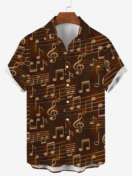 

Mens Sheet Music Notes Print Round Hem Loose Short Sleeve Shirts, Brown, Shirts ＆ Blouse
