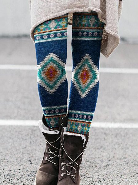 

Tribal Printed Elastic Waist Skinny Long Pants, Blue, Pants
