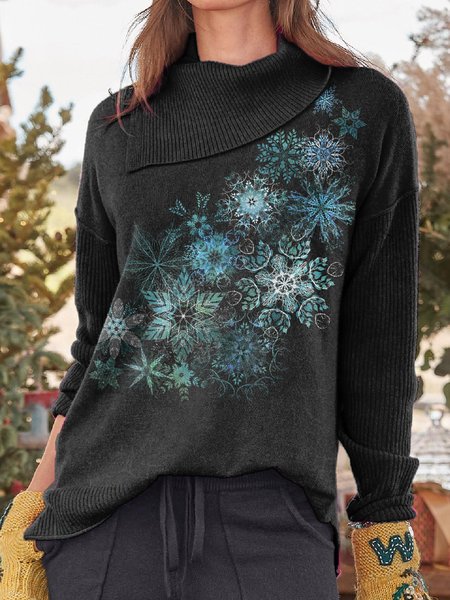 

Asymmetrical Neck Regular Fit Elegant Snowflake Shirts & Tops, Black, T-Shirts