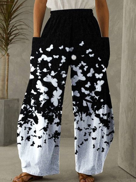 

Butterfly Printed Elastic Waist Casual Loosen Wide Leg Long Pants, Black-white, Pants