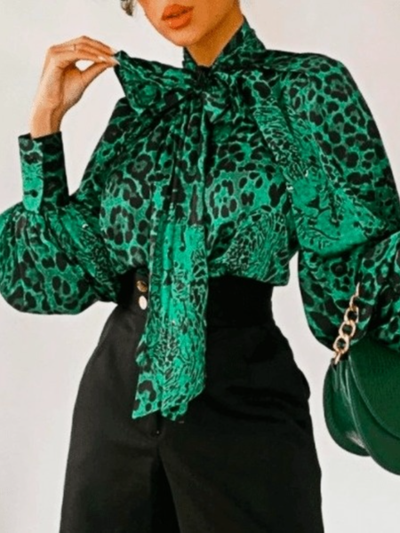 

Winter Work Formal Mid-weight Leopard Loosen Tie Neck Non-Stretch Tops, Green, Blouses and Shirts