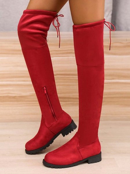 

Simple Zipper Suede Over the knee Boots, Red, Boots