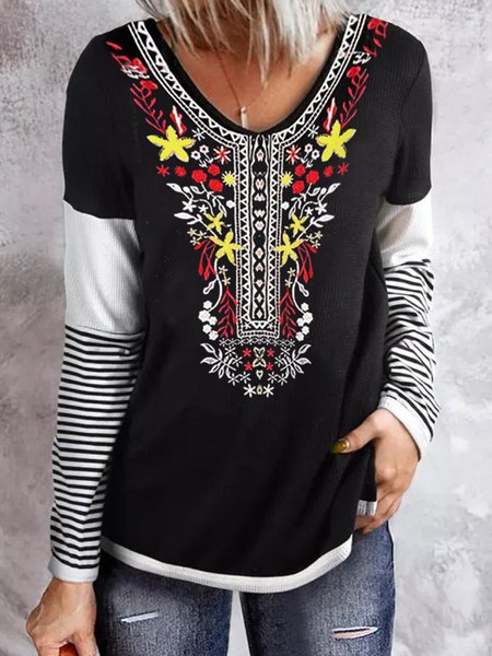 

Striped Casual Embroidered Shirts & Tops, Black, T-Shirts
