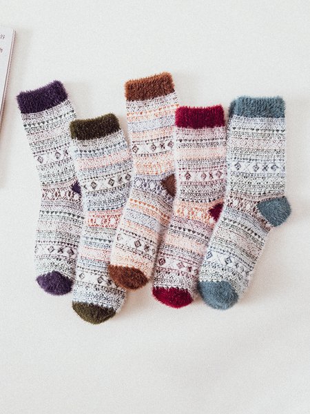

5 Pairs Of Ethnic Style Mink Velvet Thick Warm Socks, As picture, Socks