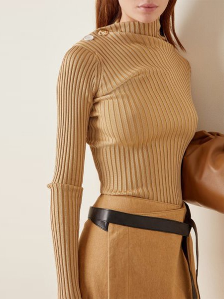 

Elegant Long Sleeve Solid Skinny Sweater, Khaki, Pullovers