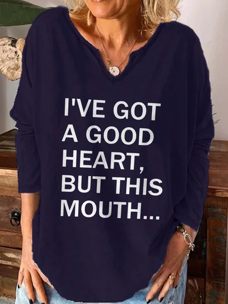 

I've Got A Good Heart But This Mouth Notched Casual Cotton Blends T-shirt, Purplish blue, Hoodies&Sweatshirts