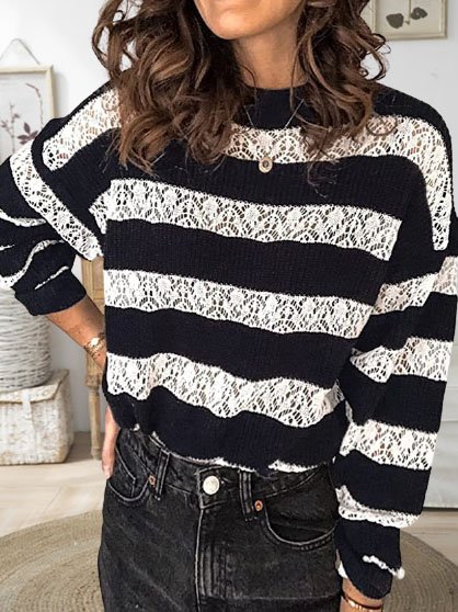 

Off Shoulder Crew Neck Striped Sweater, Black, Sweaters