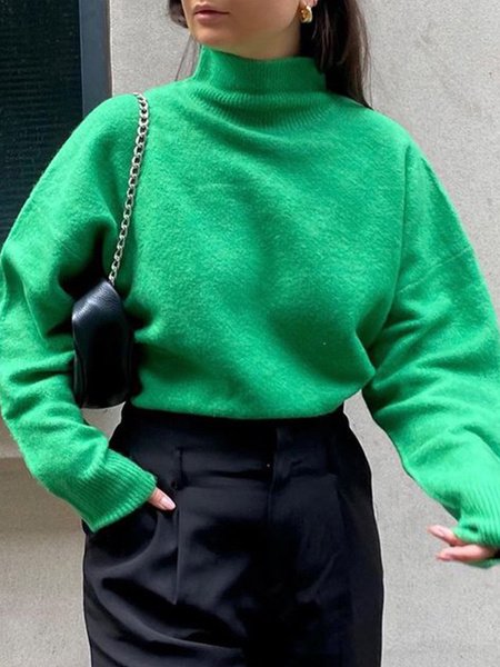 

Daily Long Sleeve Solid High Neck Sweater, Green, Pullovers