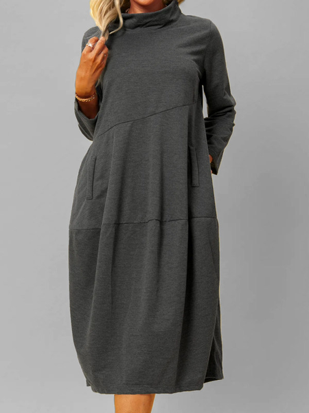 

Loosen Stand Collar Casual Dresses, Gray, Midi Dresses