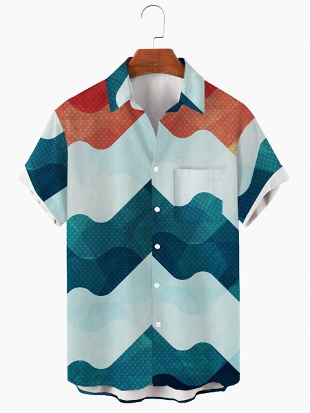 

Mens Wave Print Round Hem Loose Short Sleeve Shirts, Blue, Men's Floral shirt