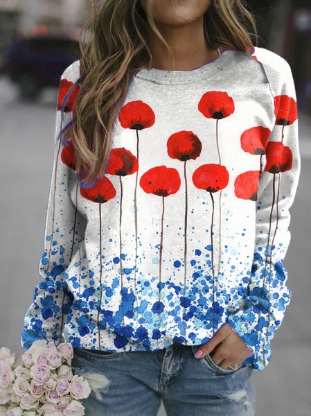 

Red Poppies Watercolor Flowers Sweatshirt, As picture, Hoodies&Sweatshirts