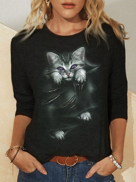 

Animal Crew Neck Long Sleeve Casual Shirts & Tops, Black, T-Shirts