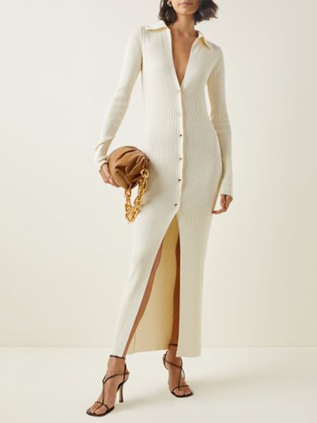 

Lady Long Sleeve Solid Skinny Maxi Dress, White, Maxi Dresses