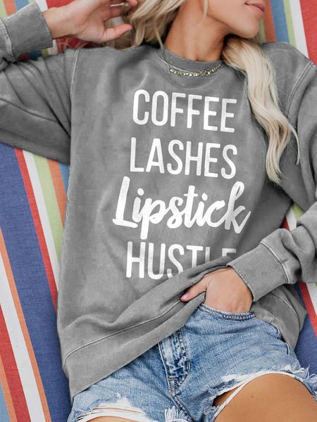 

Coffee Lashes Lipstick Hustle Crew Neck Sweatshirts, Gray, Hoodies&Sweatshirts