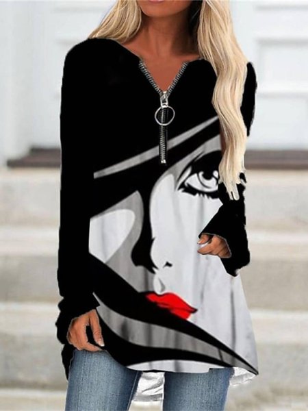 

Casual Long Sleeve Crew Neck Printed Top, Black, Tops