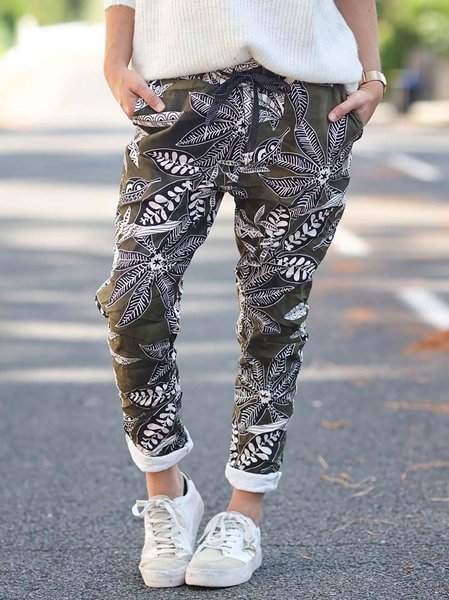 

Leaves Print Women Loose Casual Pants, Green, Pants