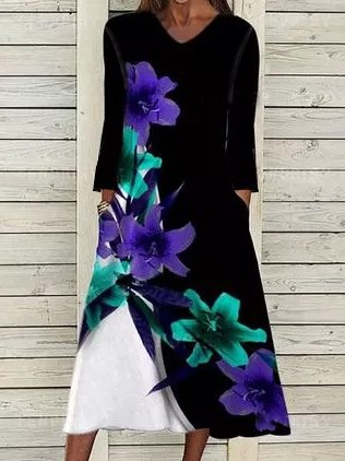 

Casual V Neck Cotton Dresses, Black, Maxi Dresses