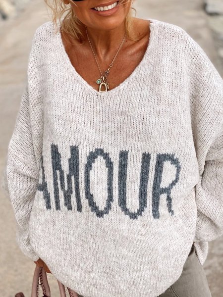 

Casual Long Sleeve V Neck Plus Size Tops Sweaters, As picture, Knitwear & Sweaters