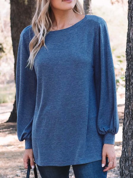 

Solid Daily Casual Round Neck Long Sleeve T-Shirts, Blue, Shirts & Blouses