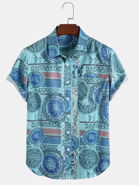 

Men's Ethnic Elements Graphic Print Short-Sleeved Shirt, Blue, Shirt