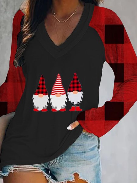 

Christmas Xmas Long Sleeve V Neck Plus Size Printed Tops T-shirts, As picture, T-Shirts