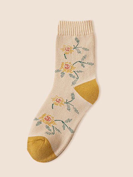

Flower Embroidery Thick Warm Socks, Socks