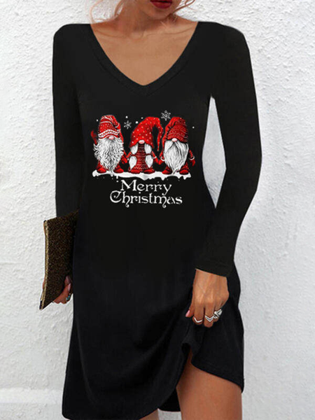 

V Neck Christmas Snowman Cotton Blends Dresses, Black, Casual Dresses