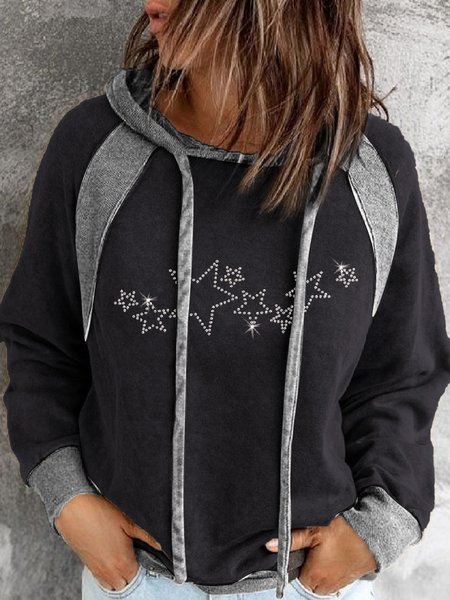 

Rhinestone Star Simple Cotton Blends Embellished Sweatshirt, Black, T-Shirts