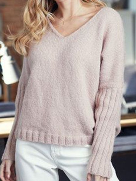 

Long sleeve round neck plain pit strip warm short sweater, Pink, Sweaters & Cardigans